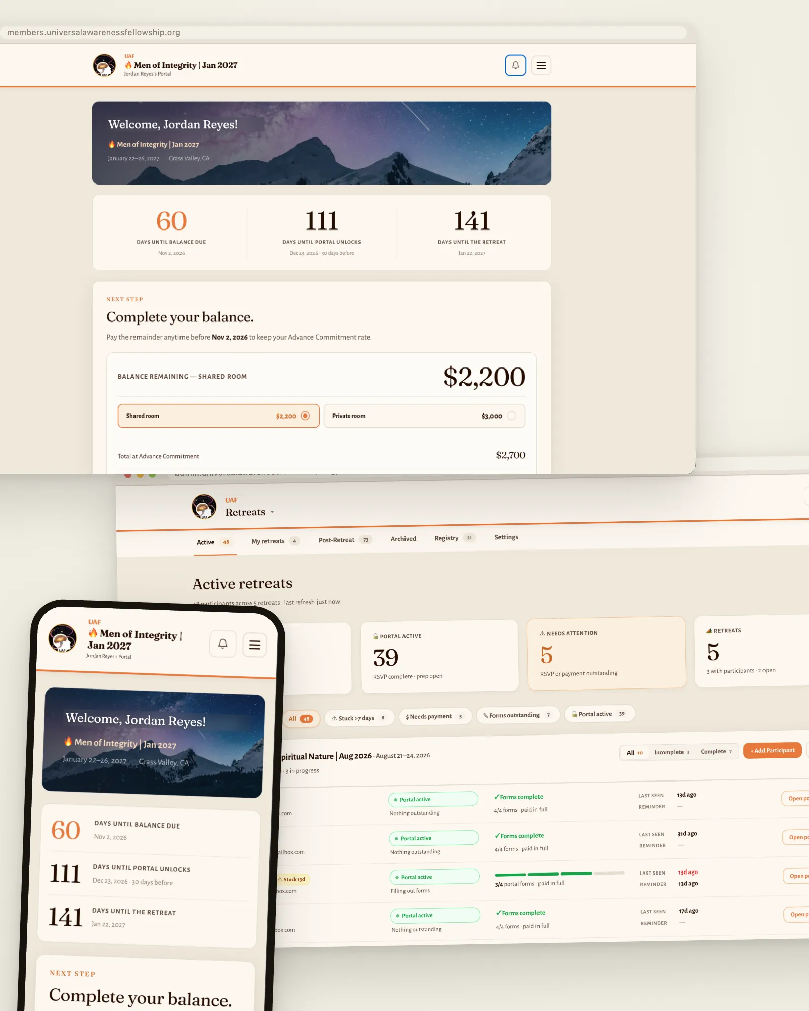 The UAF ecosystem — member portal, staff retreat console, native apps and the public site